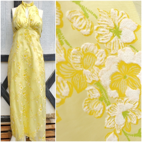 Vintage Dresses & Skirts - Vintage 1960's/70's Yellow Floral Halter Dress XS